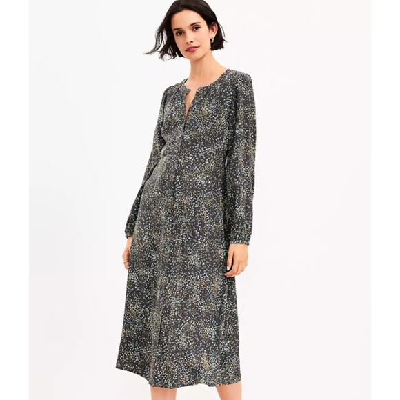LOFT Spring Leopard Print Black Midi Shirtdress Viscose Long Sleeve Size 12 - Picture 1 of 13